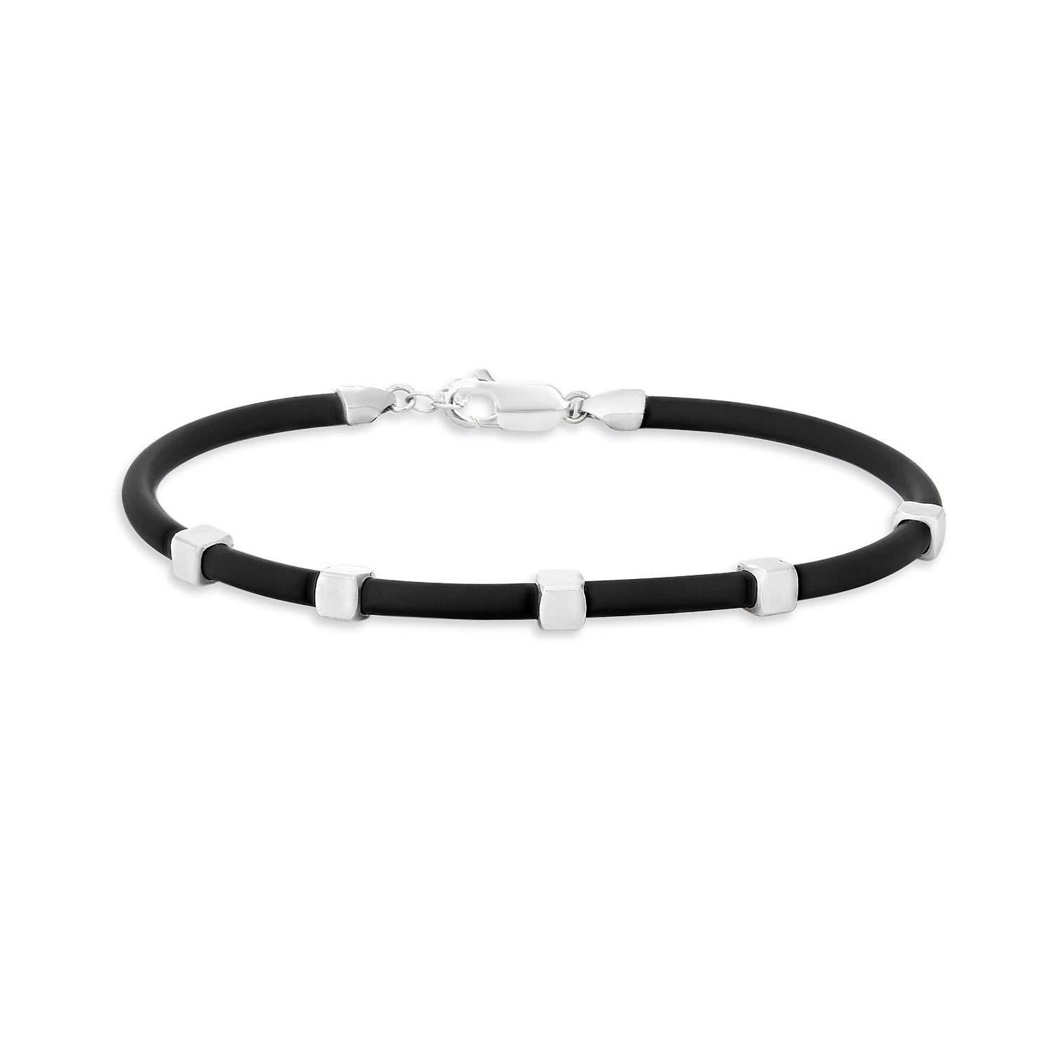 Fusion Sport 925 Silver with CZ Black Rubber Bracelet for Men